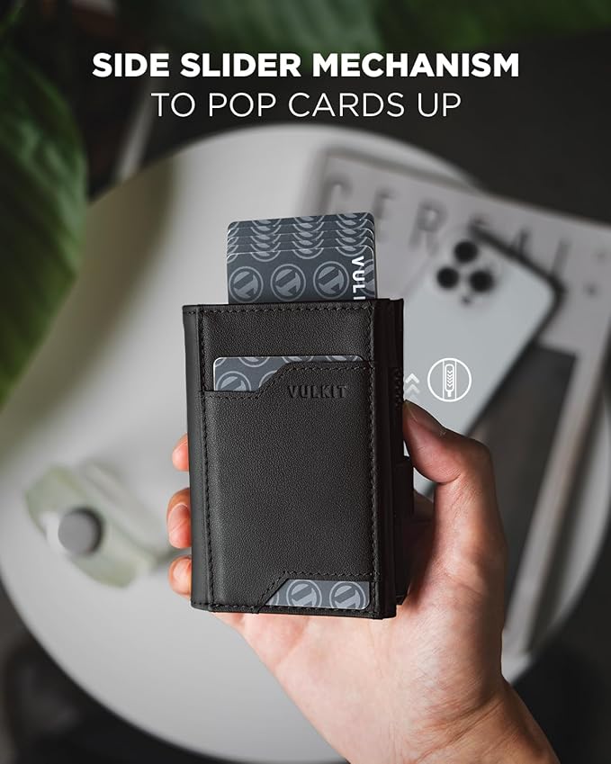 VULKIT Airtag Wallet with Keyring Mens Pop up Credit Card Wallet Compatiable with Air Tag Holder Trifold ID Window RFID Blocking