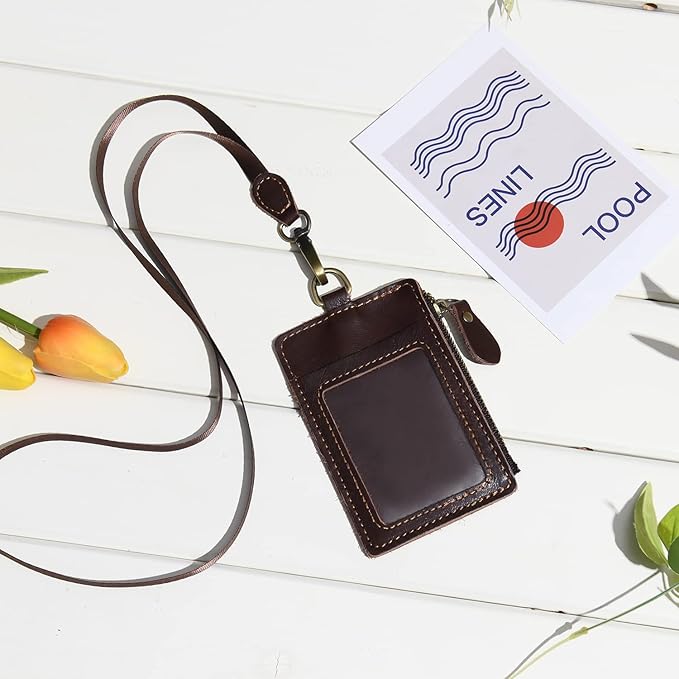 Wonderpool Leather ID Badge Holder with Zipper Wallet Pouch - Card Slots Case Detachable Neck Lanyard and Retractable Badge Reel for Office School Hospital Exhibition ID (Coffee)