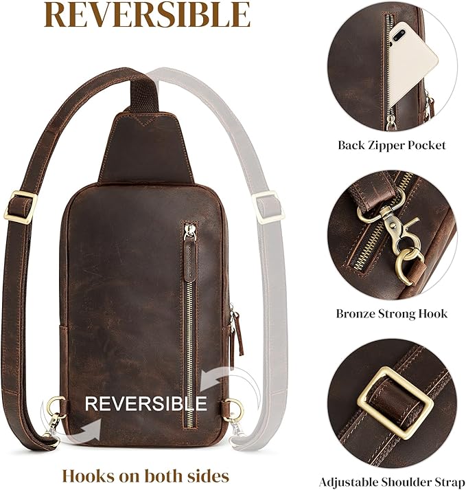 S-ZONE Sling Bag for Women Men Genuine Leather Vintage Crossbody Chest Bags Backpack Daypack Outdoor Travel