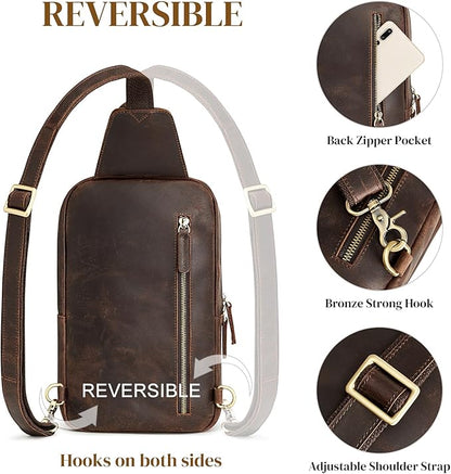 S-ZONE Sling Bag for Women Men Genuine Leather Vintage Crossbody Chest Bags Backpack Daypack Outdoor Travel
