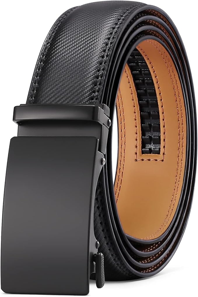 SENDEFN Men's Leather Belt Automatic Ratchet Buckle Slide Belt for Dress Casual Trim to Fit with Gift Box