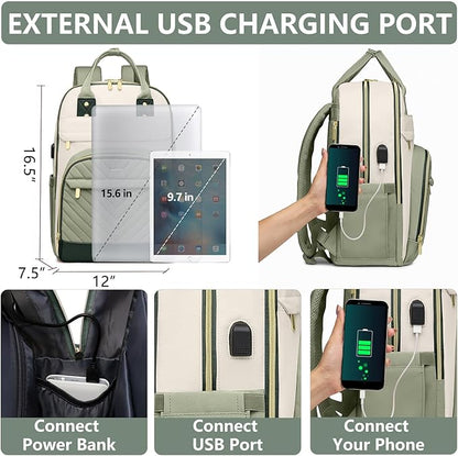 Laptop Backpack for Women Work Bag - 15.6 inch Travel Backpack with USB Charger College Bookbag Waterproof Business Computer Backpack Anti-theft Casual Backpacks for Nurse Teacher Beige Light Green