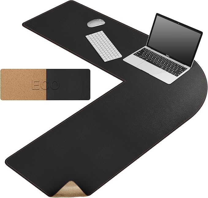 MAIDERN (43.3” + 43.3”) x 13” L Shaped Corner Desk Mat, Cork & Leather Dual Sided Desk Pad for Gaming Computer Office Home (Black) …