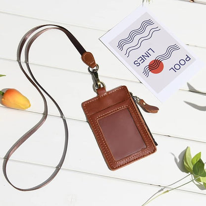 Wonderpool Leather ID Badge Holder with Zipper Wallet Pouch - Card Slots Case Detachable Neck Lanyard and Retractable Badge Reel for Office School Hospital Exhibition ID (Red Brown)