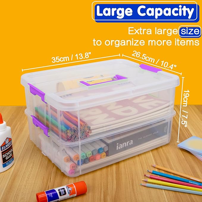 TERGOO 2 Layer Plastic Storage Containers with Lids, Multipurpose Clear Stack & Carry Box, Portable Craft Organizers and Storage Bin for Organizing Art & Craft, Sewing, Makeup, Nail Supplies (Purple)