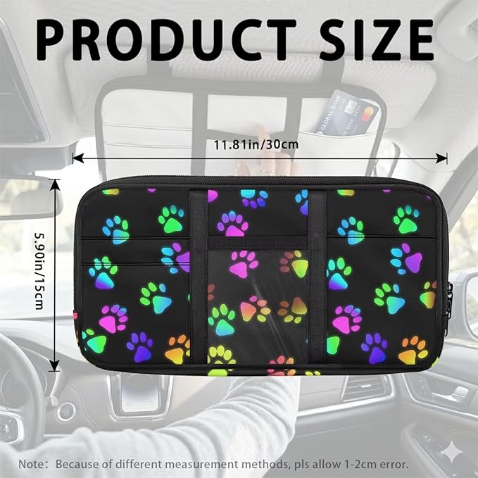 Car Sun Visor Storage Bag Colorful Dog Paw Spots Car SUV Storage Pouch Holder Auto Interior Accessories Pocket Organizer with Multi-Pocket