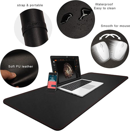 ZORESYN PU Leather Desk Pad (55.1"x15.8") - Waterproof Office Desk Mat for Keyboard and Mouse - Black Extended Mouse Pad with Nonslip Base