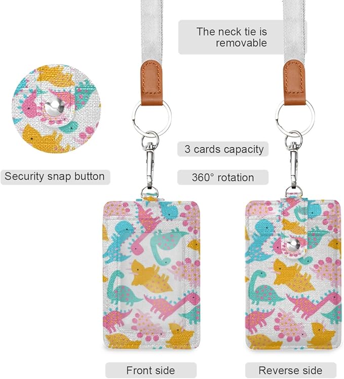 Moudou Dinosaur ID Badge Holder with Lanyard, Vertical Leather ID Badge Card Holder for Office Staff, School Teacher and Student