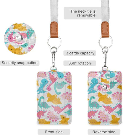 Moudou Dinosaur ID Badge Holder with Lanyard, Vertical Leather ID Badge Card Holder for Office Staff, School Teacher and Student