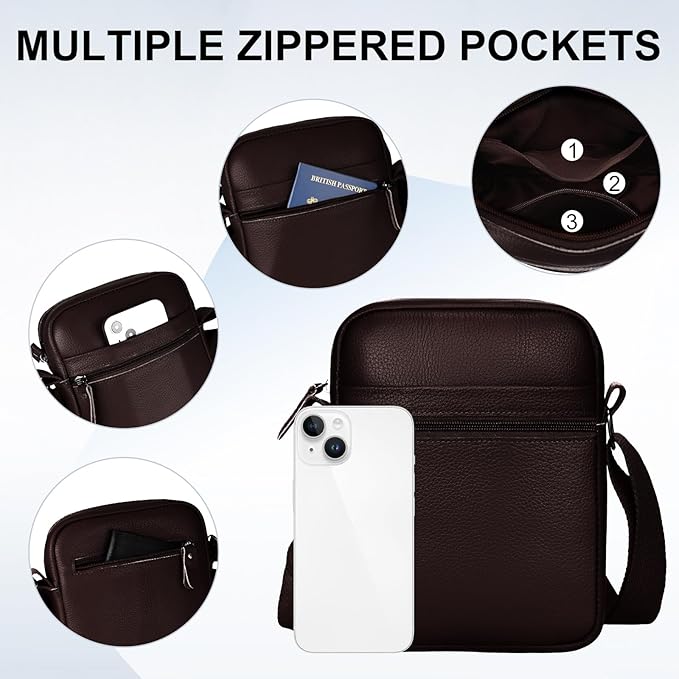 Leathario Men's Crossbody Shoulder Bag, Genuine Leather Small Messenger Satchel for Work Business Travel, Black Side Purse