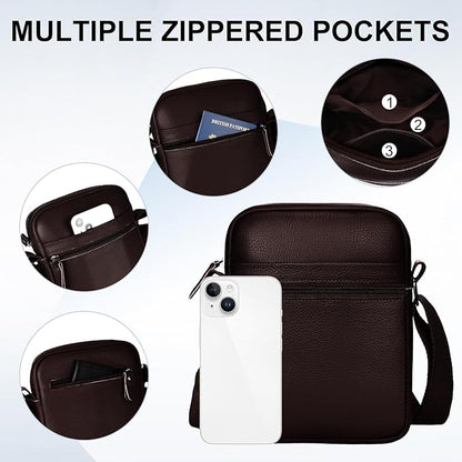 Leathario Men's Crossbody Shoulder Bag, Genuine Leather Small Messenger Satchel for Work Business Travel, Black Side Purse