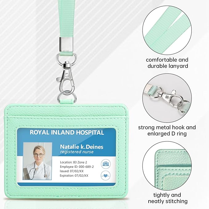 Teskyer Badge Holder with Lanyard, Leather ID Name Badge Card Holder with Lanyard for ID Badges, Horizontal, Lychee Pattern Light Green
