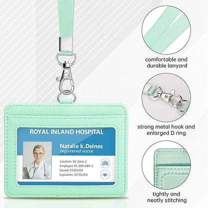 Teskyer Badge Holder with Lanyard, Leather ID Name Badge Card Holder with Lanyard for ID Badges, Horizontal, Lychee Pattern Light Green