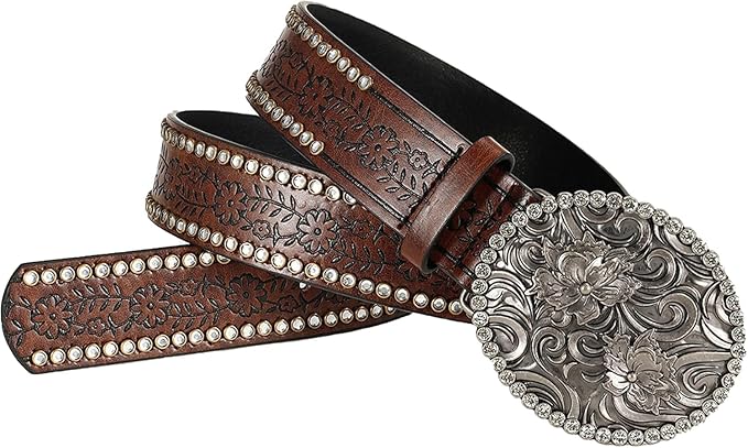 INOGIH Adjustable-Vintage-Western-Cowboy-Belt Women Men - Cowboy-Style Engraved-Buckle Belt for Jeans Pants Dresses