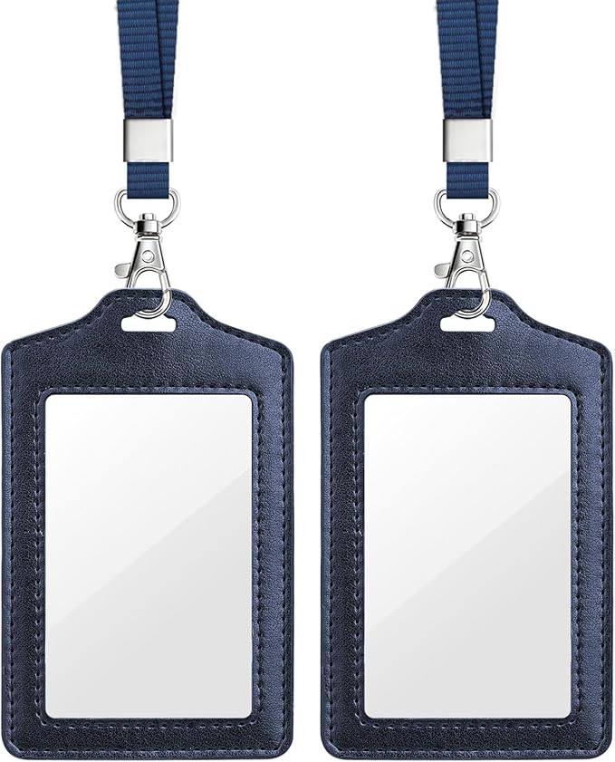 Teskyer 2 Pack Double Sided Clear Badge Holder with Lanyard, PU Leather ID Badge Name Card Holder with Stainless Steel J-Hook Nylon Lanyard for Work, School, Metro, Access, Blue