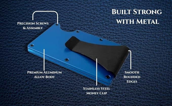 Leatherboss Wallet for Men RFID Blocking Minimalist Metal Card Holder with Money Clip Holds Credit Cards and Cash (Navy Blue)