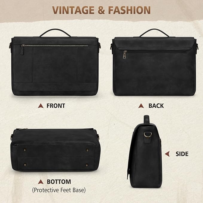 RAINSMORE Leather Messenger Bag for Men 15.6 Inch Laptop Bag Vintage Briefcase Large Computer Bag Satchel Shoulder Bag For College,Work,Business,Office,Black