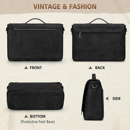 RAINSMORE Leather Messenger Bag for Men 15.6 Inch Laptop Bag Vintage Briefcase Large Computer Bag Satchel Shoulder Bag For College,Work,Business,Office,Black