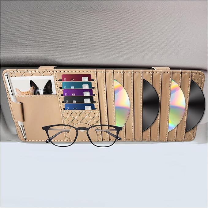 Sun Visor CD Case Holder for Car, Leather Auto Visor DVD Storage Case with Card Slots & Pen Holder, Multi-Pocket Large Capacity CD Layered Organizer for Most Vehicles (Beige)