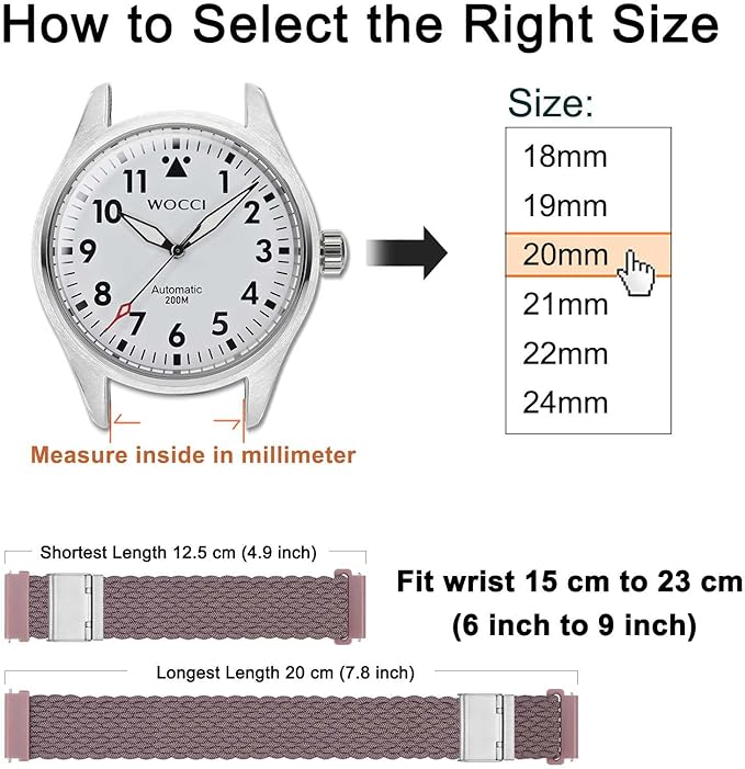 WOCCI 16mm Braided Nylon Watch Band for Men and Women, Quick Release, Silver Stainless Steel Buckle (Woodrose)