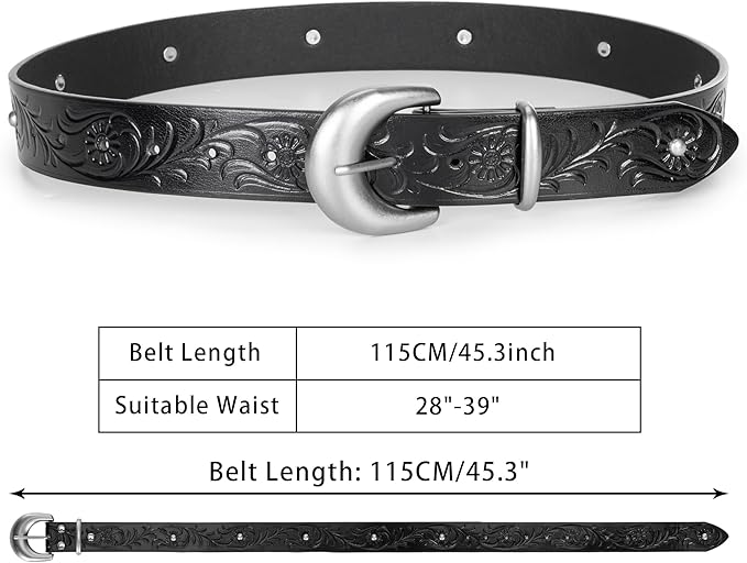 Mealah Vintage Western-Cowboy-Belt for Women Men - Carved Buckle PU Leather Waist Belts (for Waist 28"-38")