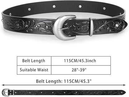 Mealah Vintage Western-Cowboy-Belt for Women Men - Carved Buckle PU Leather Waist Belts (for Waist 28"-38")
