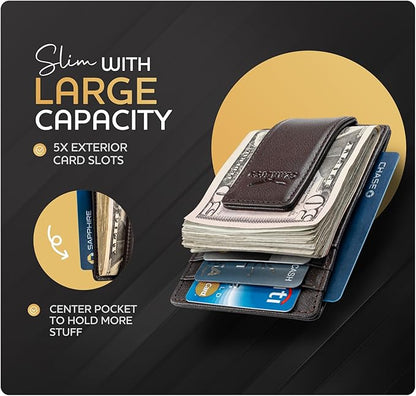 Claasico Men’s Leather Money Clip Wallet – Slim Front Pocket Wallet w/Super Strong Magnetic Clip, RFID Blocking, 5 Card Slots & Center Pocket + ID Window
