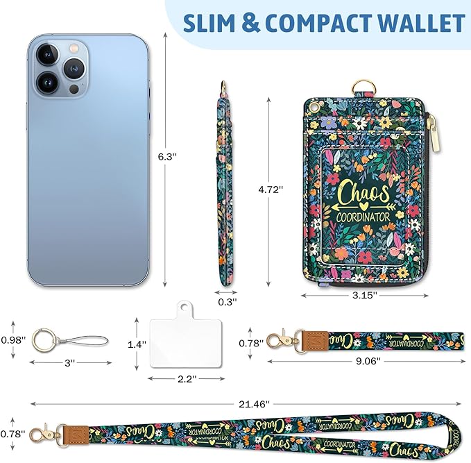 Piefly Flowers Lanyard Wallet with ID Badge Holder, Small RFID Wallet Women Keychain Wristlet, Slim Credit Card Holder with Zipper Pocket Phone Lanyard Wrist Strap Name Tag Woman Office Teacher Gift