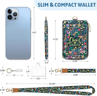 Piefly Flowers Lanyard Wallet with ID Badge Holder, Small RFID Wallet Women Keychain Wristlet, Slim Credit Card Holder with Zipper Pocket Phone Lanyard Wrist Strap Name Tag Woman Office Teacher Gift
