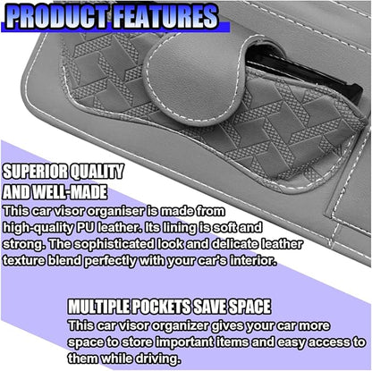 Car Sun Visor Organizer, Vehicle Sunglasses Holder, Automotive Storage Pocket for Pen, Glasses, Ticket, Card, Auto Interior Accessories Pocket for Car, SUV, Truck (Grey)