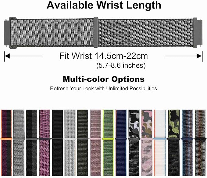 WOCCI 20mm Adjustable Nylon Watch Band, Quick Release Sport Loop Strap (Grey)