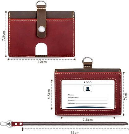 Badge Holder: Boshiho Cowhide Leather ID Badge Card Holder with 19" Neck Lanyard, Horizontal Style (Red)
