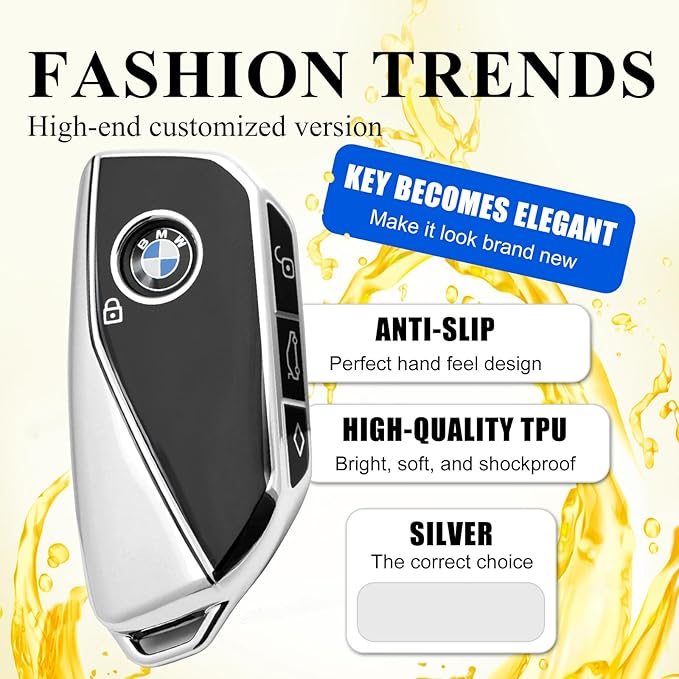 Creativity Advanced soft TPU key Cover Suitable for BMW 2023-2026 New 5 7 Series iX XM IX3 i7 X1 X5 X6 X7 key (Silver)