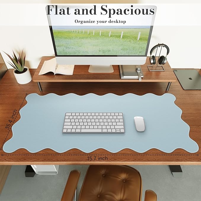 iCasso Leather Mouse Pad,Extra Large Desk Pad for Desktop,Waterproof PU Desk Cover Mat,Cute Scalloped Keyboard Mats for Women Girl,Non-Slip Computer Pad for Office Home Dorm
