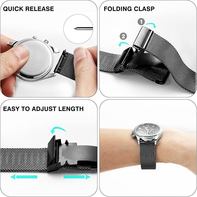 Stainless Steel Mesh Watch Band for Mens Women, Quick Release Mesh Watch Straps 18mm 20mm 22mm 24mm （20mm Black）