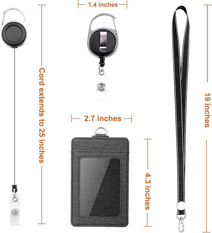 Life-Mate Badge Holder - Leather ID Card Holder Wallet Case with 3 Cards Slot and Neck Lanyard/Strap. Additional Retractable Badge Reel with Belt Clip (Black, Linen Finish)
