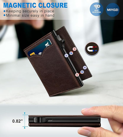 miyozi Wallet for Men,with Cash Pocket 2 ID Window 9-13 Cards,Metal Case Smart Slim Pop Up Credit Card Holder Flip with Magnetic Closure RFID Blocking Trifold wallet with Gift Box