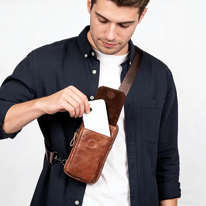 Small Crossbody Bag for Men Women - Genuine Leather Mini Sling Bag with Charging Port