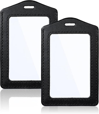 Leather ID Badge Holders, Mabor 2 Pcs Leather ID Badge Holder Vertical Double-Side Clear Card Holder Waterproof Name Badge Holder for Office Staff Students School ID Credit Cards(Black)