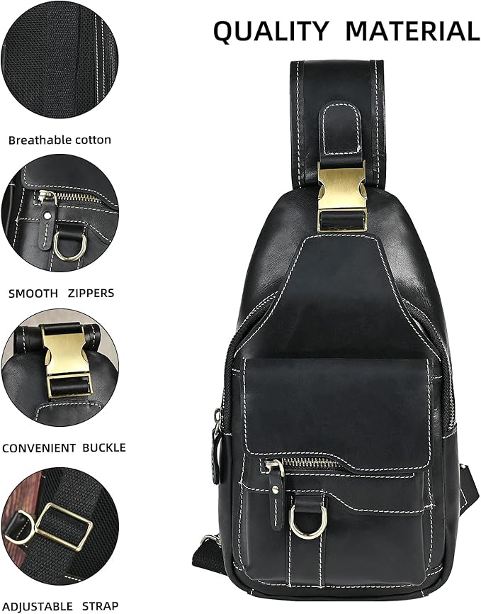 Genuine Leather Hiking Travel DayPack Sling Crossbody Triangle Chest Pack Bag For Men Women 8241 (8241 Dark Black)