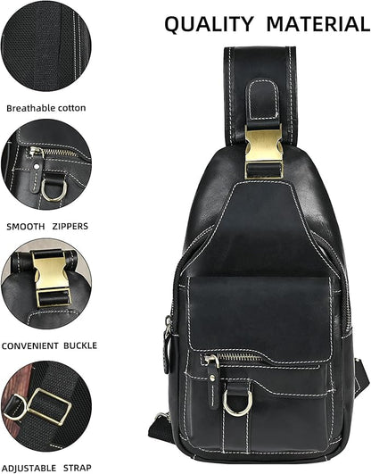 Genuine Leather Hiking Travel DayPack Sling Crossbody Triangle Chest Pack Bag For Men Women 8241 (8241 Dark Black)