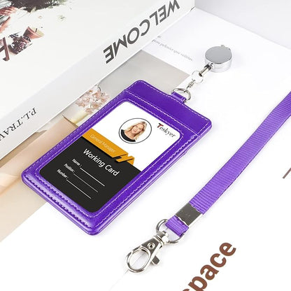 Teskyer Leather Badge Holder with Lanyard and Badge Reel, Retractable Lanyard ID Card Holder for Office School Name Work IDs, Purple