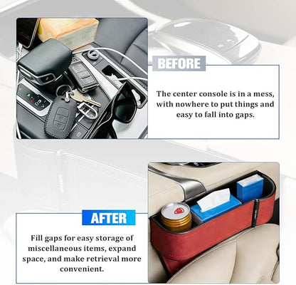 Car Seat Gap Filler Organizer with Cup Holder Expander, Leather Console Seam Filler Storage Box, Auto Front Seat Gap Organizer for Phones Keys Glasses, Universal Fit (Wine Red Passenger)