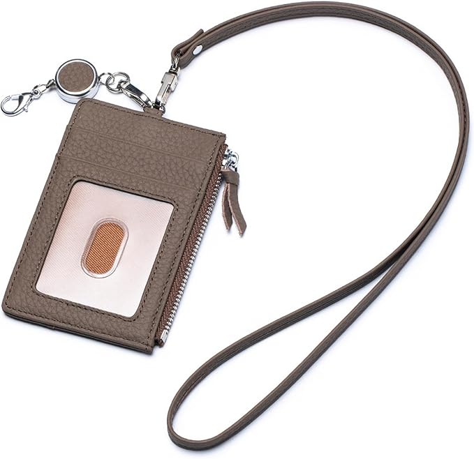 2-in-1 Leather ID Badge Holder with Wallet for Work, Multifunction ID Case with Credit Card Slots & Cash Coin Pocket, Slim Wallet with Lanyard for Women Men Nurse Teacher (Dark Hkaki)