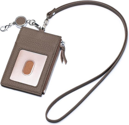 2-in-1 Leather ID Badge Holder with Wallet for Work, Multifunction ID Case with Credit Card Slots & Cash Coin Pocket, Slim Wallet with Lanyard for Women Men Nurse Teacher (Dark Hkaki)
