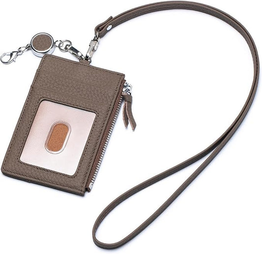 2-in-1 Leather ID Badge Holder with Wallet for Work, Multifunction ID Case with Credit Card Slots & Cash Coin Pocket, Slim Wallet with Lanyard for Women Men Nurse Teacher (Dark Hkaki)