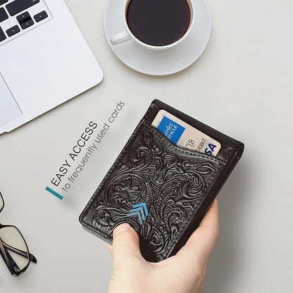 Pefiam Full Grain Leather Bifold Wallet for Men - 11 Slots, RFID Blocking, Gifts for Men - Cowboy Black