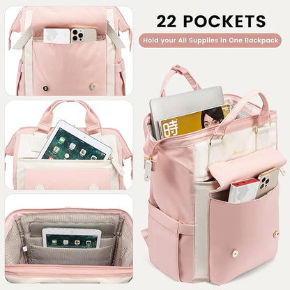 LOVEVOOK Laptop Backpack for Women Work Travel Computer Backpacks Purse, Nurse Bag Teacher Business Laptop Bag, Fashion College Backpack Casual Daypack, 15.6 Inch, Pink-Beige-Beige