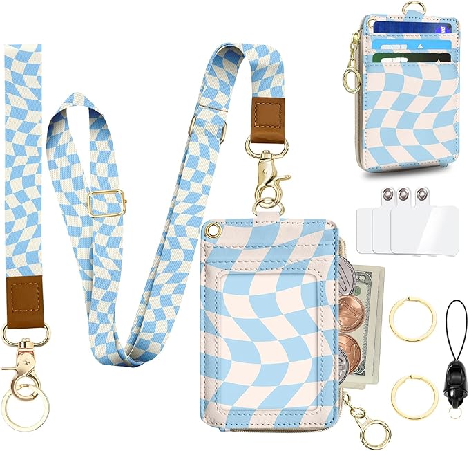 ID Badge Holder with Lanyard,Blue White Checkerboard Fashionable RFID Wallet Ring Keychain, PU Zip Wallet with Breakaway Lanyard Wristlet,Id Badge Holder for Women Teacher Nurse Office Gifts