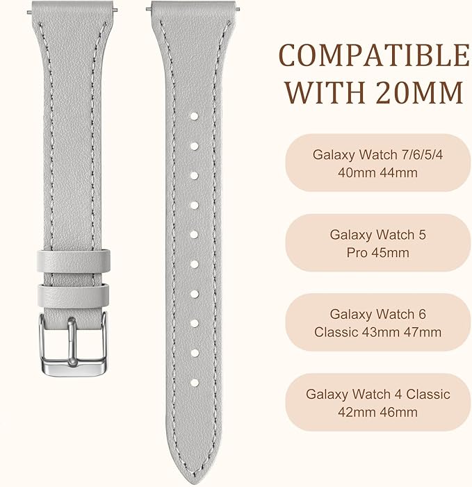 GEAK Slim Leather Band Compatible with Galaxy Watch 7 Band/6 5 4 FE 40mm 44mm/5 pro 45mm/Classic/Galaxy Active 2, 20mm Genuine Leather Strap with Quick Release Buckle for Samsung Watch Bands Women